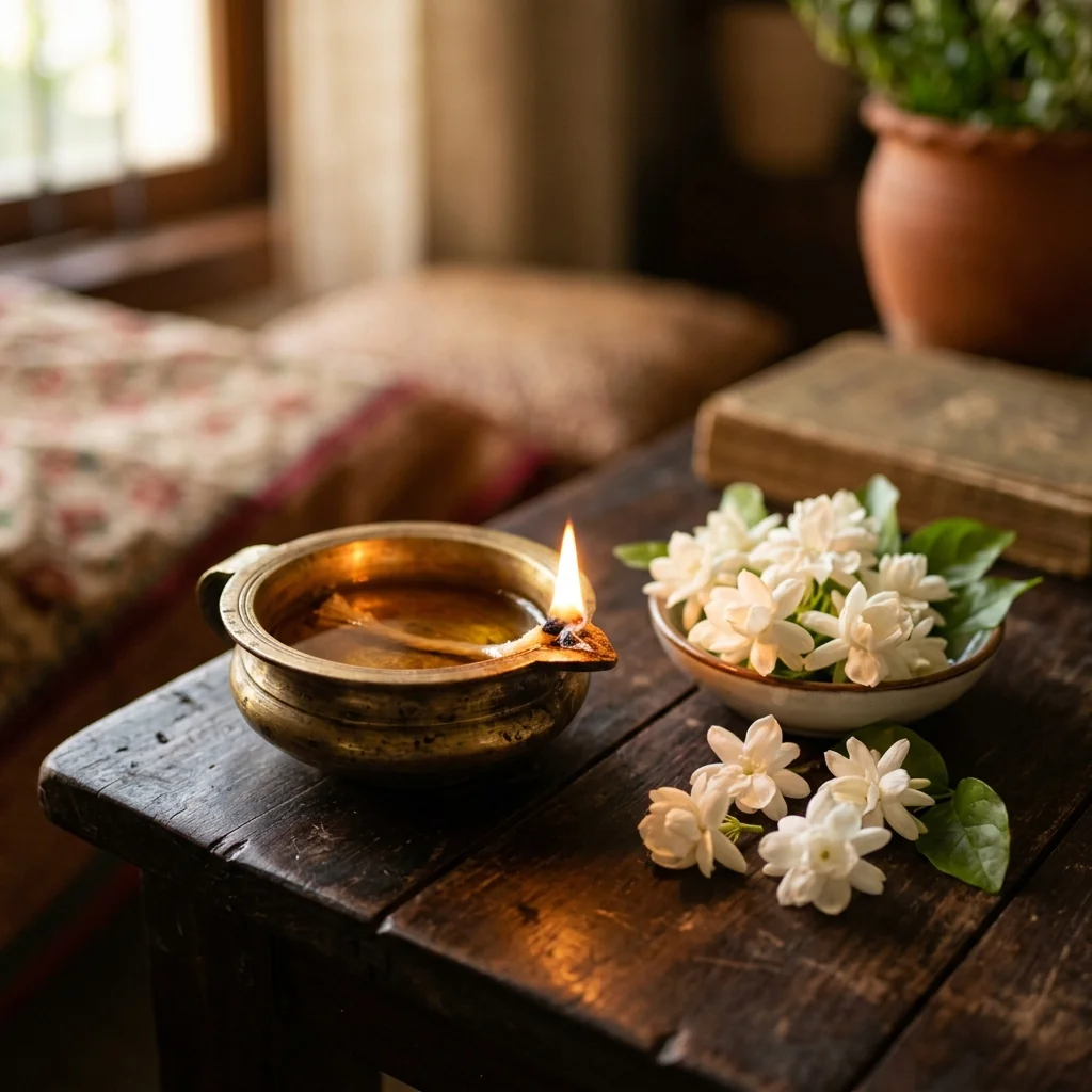 Lit traditional brass diya lamp